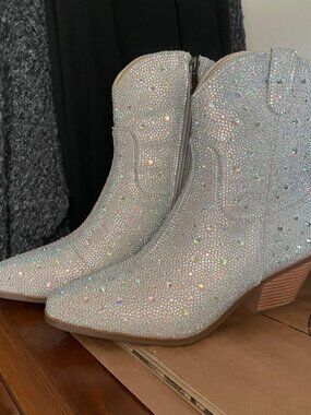 Cowgirl Ankle Boots Women Western Rhinestone Booties Chunky Heel Zipper